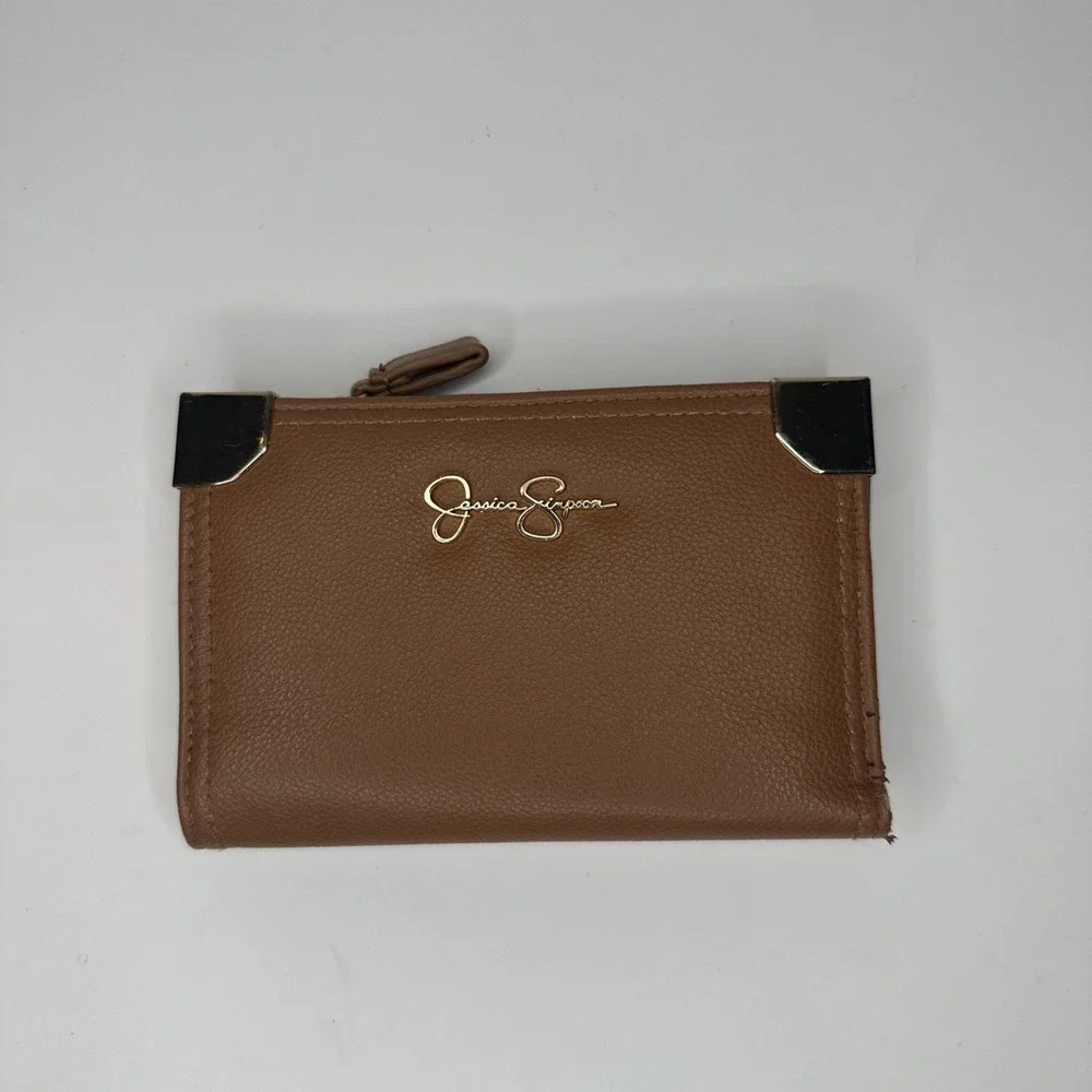 JESSICA SIMPSON FAUX Women's Brown Leather Zip Clutch‎ Wallet